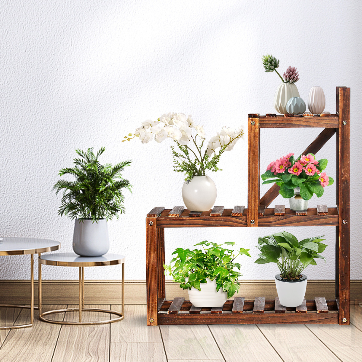 TOOCA Wood Plant Stands Indoor, 2-Tier Corner Plant Flower Pot Stand